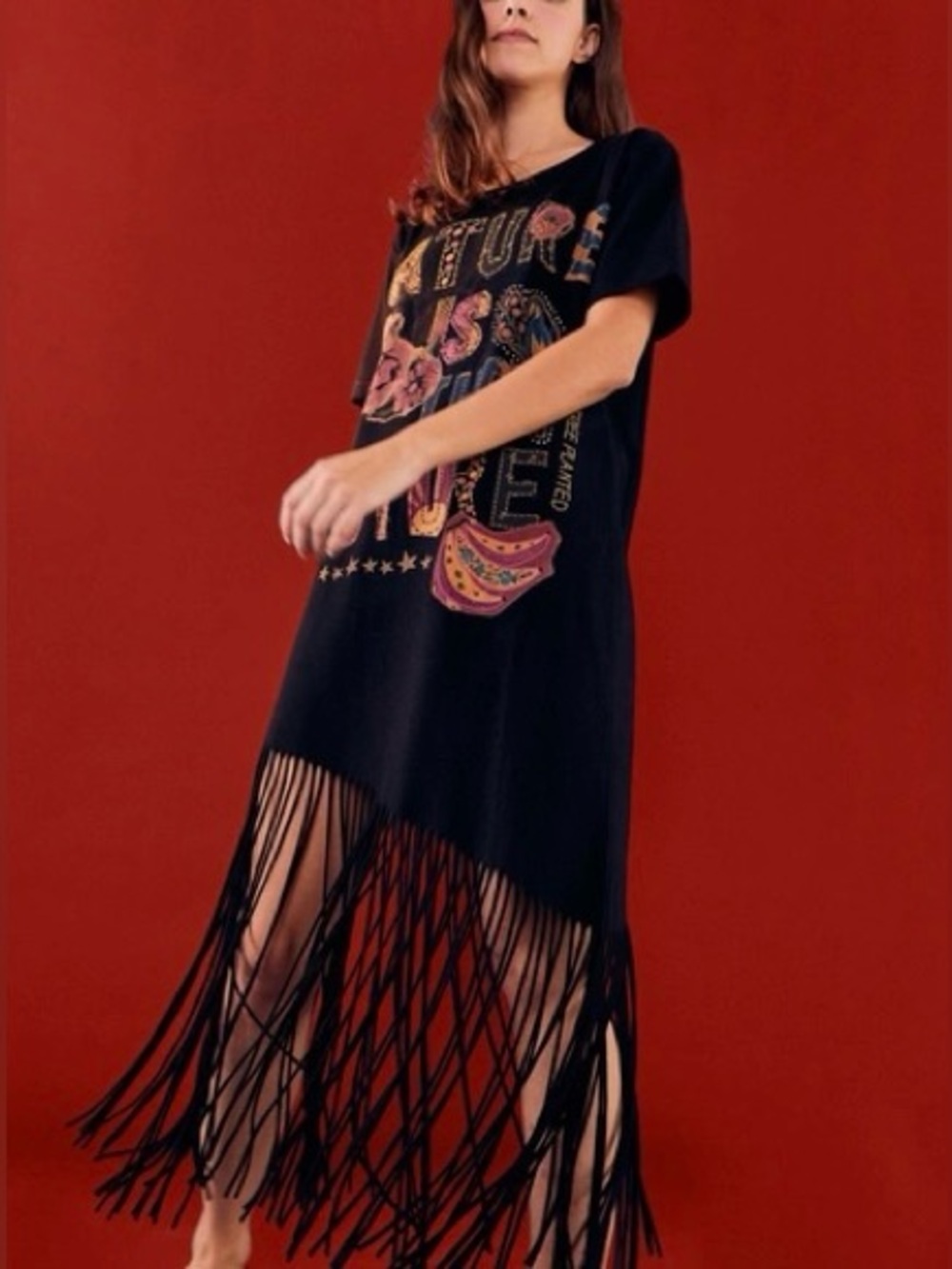 Farm Rio x Anthropologie Nature Is The Future Fringe T-Shirt Dress Black Midi L